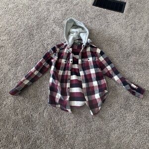 Mens Plaid Hooded Shirt - burgundy and blue